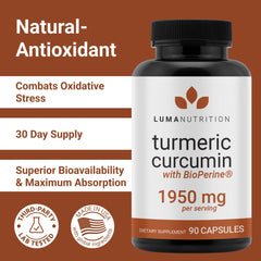 Closeup of turmeric-curcumin capsules highlighting daily-use dosage.