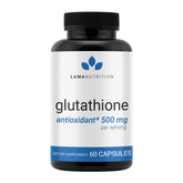 Luma Nutrition Premium Glutathione bottle front shows sleek label and trusted antioxidant support.