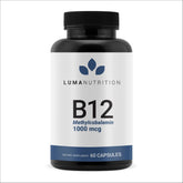 Luma Nutrition Vitamin B12 1000 mcg capsules, bottle-cap close-up, supports energy and metabolism.