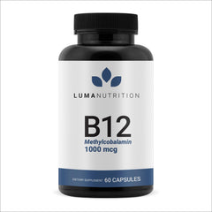 Luma Nutrition Vitamin B12 1000 mcg capsules, bottle-cap close-up, supports energy and metabolism.