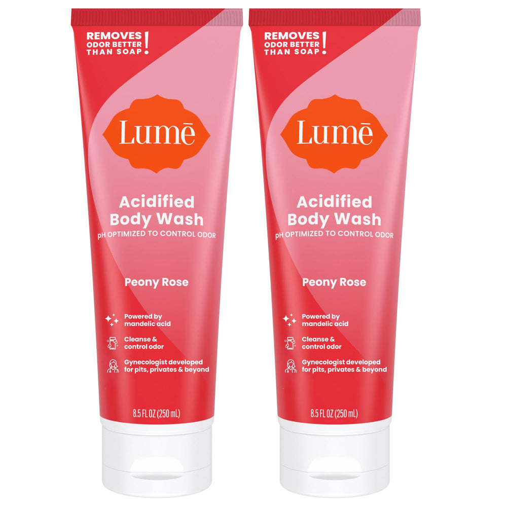 Lume Acidified Body Wash bottle front with Peony Rose scent for long-lasting odor control.