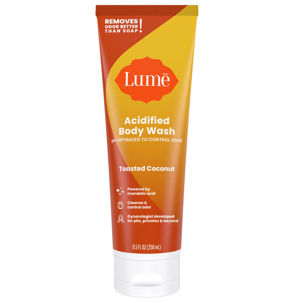 Lume Acidified Body Wash bottle front highlights toasted coconut scent and odor control.