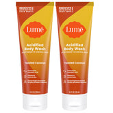 Lume Acidified Body Wash bottle pour shows toasted coconut scent for lasting freshness.