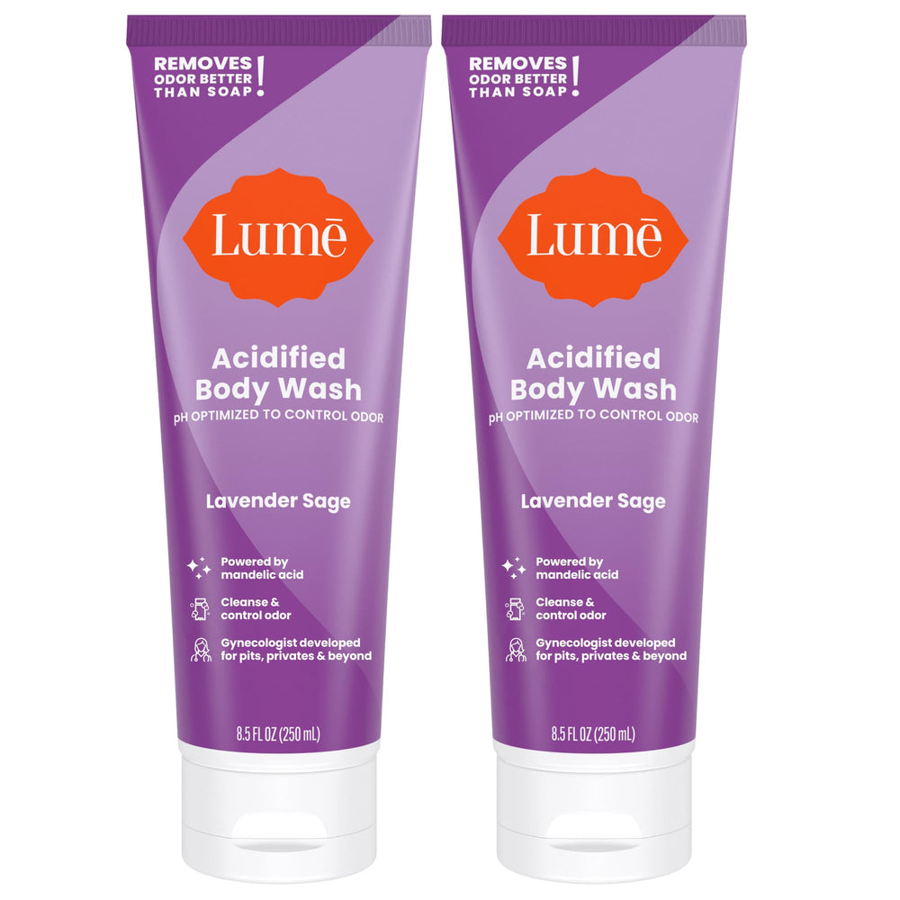 Lume Acidified Body Wash bottle on bathroom shelf signaling odor control and hydration.