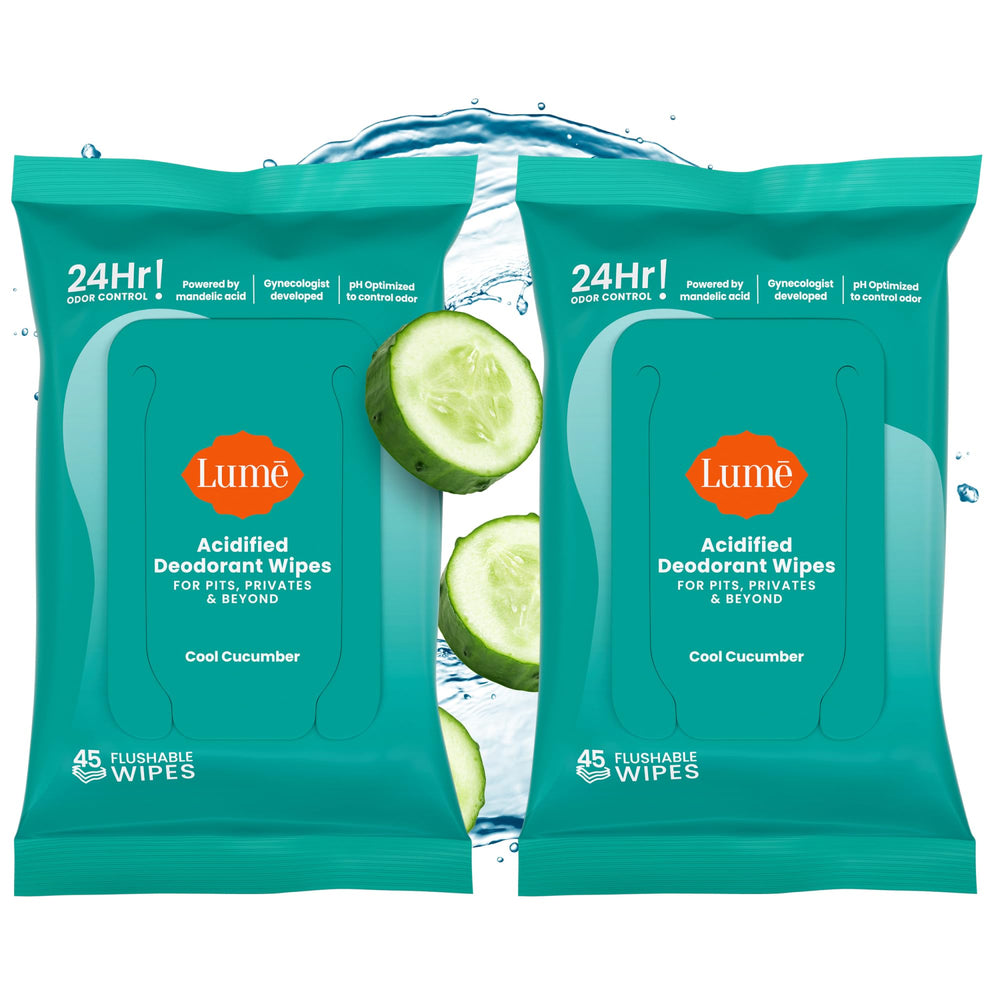 Lume Acidified Deodorant Wipes with cool cucumber in a rectangular pack for convenient odor control.