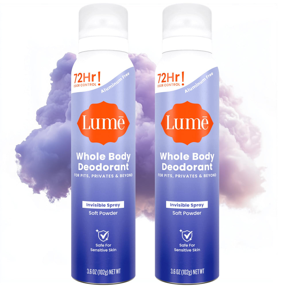 Lume Invisible Spray Deodorant for women bottle shown, emphasizes whole-body odor control with a clear mist.