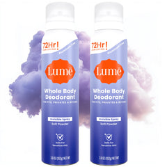 Lume Invisible Spray Deodorant for women bottle shown, emphasizes whole-body odor control with a clear mist.