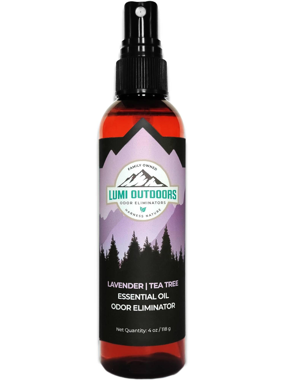 Lumi Outdoors natural shoe deodorizer bottle with lavender tea tree scent for fresh footwear.
