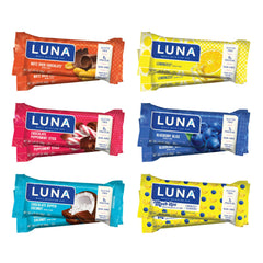 Luna Bar variety pack with six flavors for versatile on-the-go snacking.
