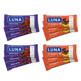 Luna Bar Nutz Over Chocolate variety-pack front view highlighting gluten-free, plant-based protein snack.