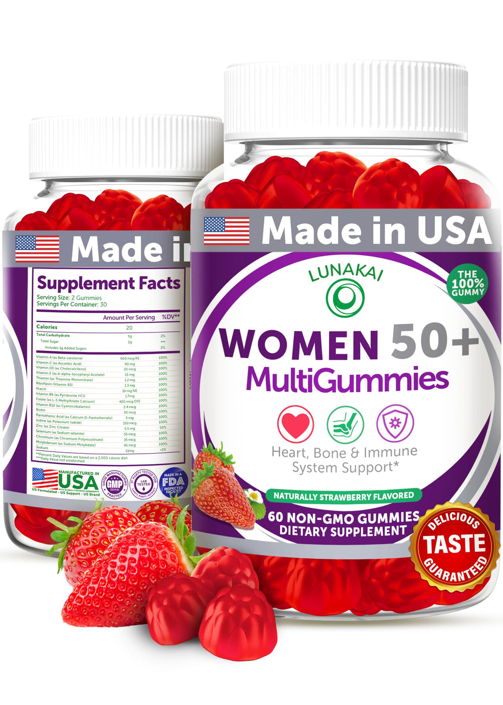 Lunakai 50+ gummies bottle-strawberry: tasty daily energy support.