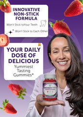 Lunakai 50+ gummies closeup shows strawberry flavor to boost daily enjoyment.