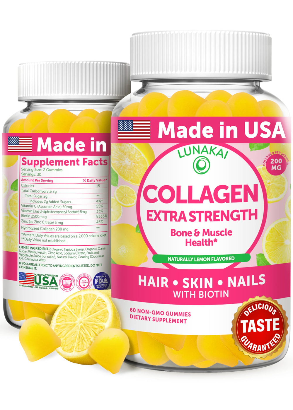 Lunakai collagen gummies jar front, 60-count bottle for daily beauty support.