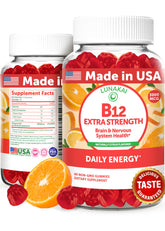 Lunakai B12 gummies bottle front, convenient citrus energy support in a chew