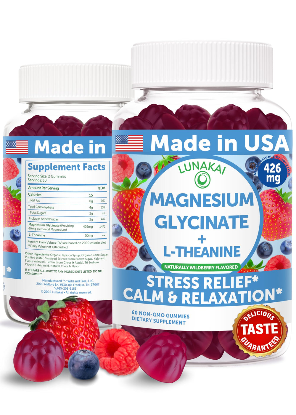 Lunakai gummies USA-made front bottle offers easy daily magnesium support.