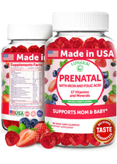 Lunakai Prenatal Gummies berry bottle on a counter, supports daily nutrient intake.