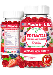 Lunakai Prenatal Gummies berry bottle on a counter, supports daily nutrient intake.