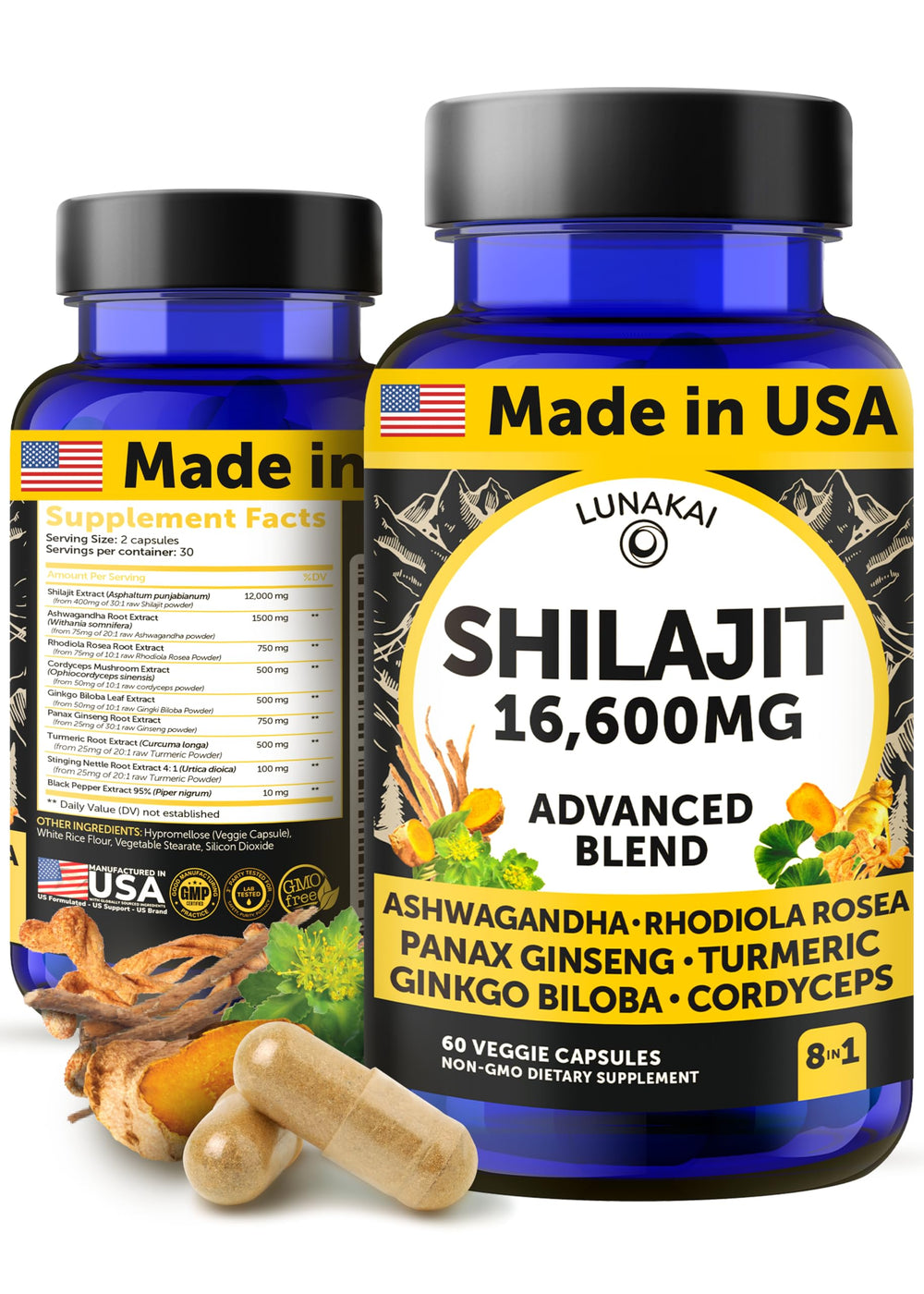 Lunakai shilajit capsules packaging with USA badge for quality and origin.