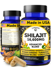 Lunakai shilajit capsules packaging with USA badge for quality and origin.