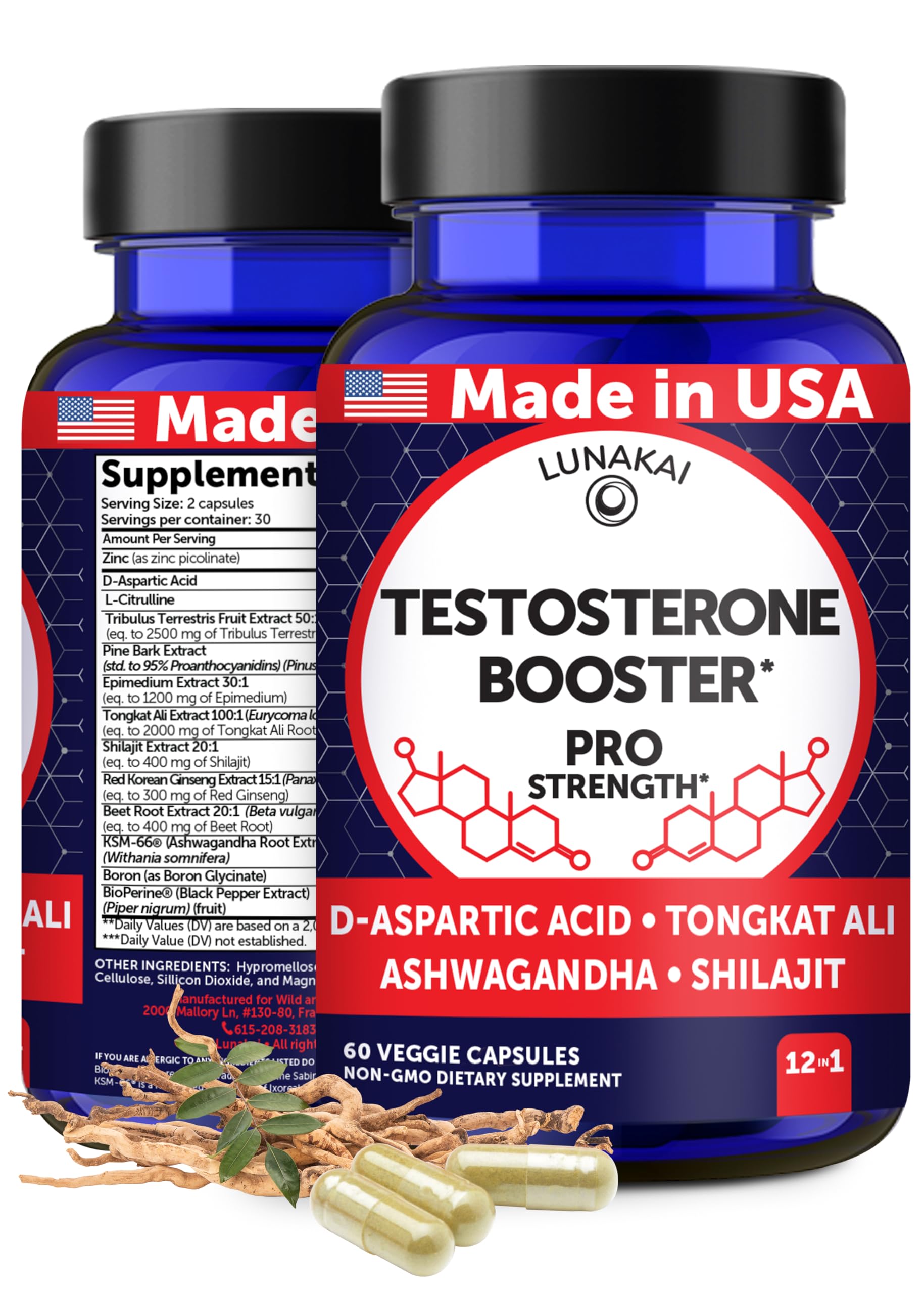 Lunakai testosterone booster bottle on a clean countertop signaling full-spectrum support.