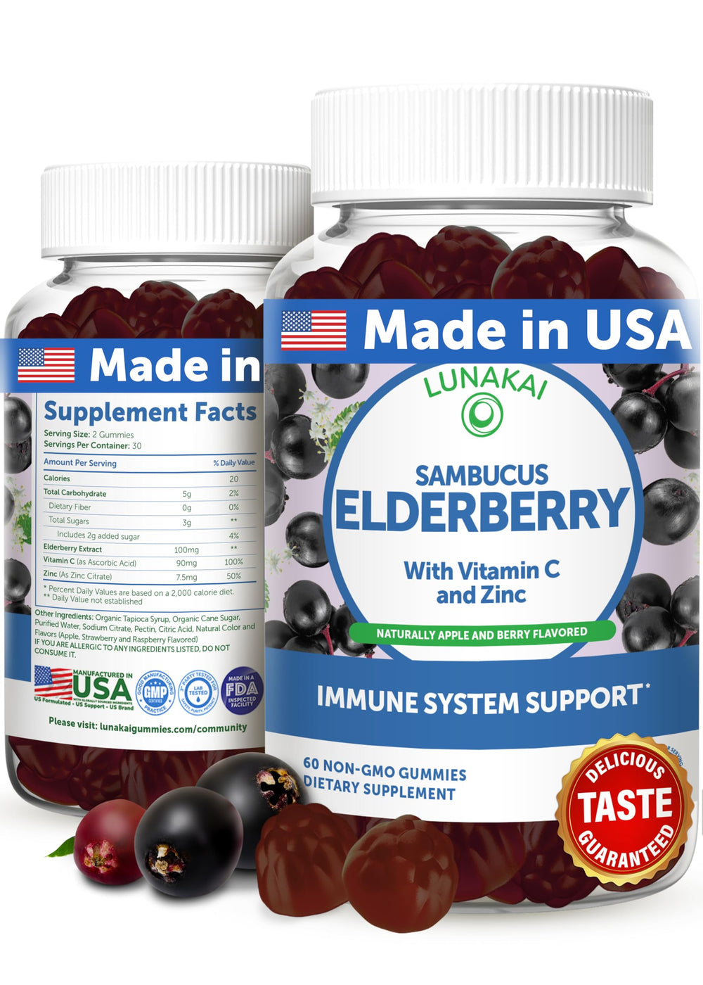 Lunakai bottle of black elderberry gummies for immune support on display.