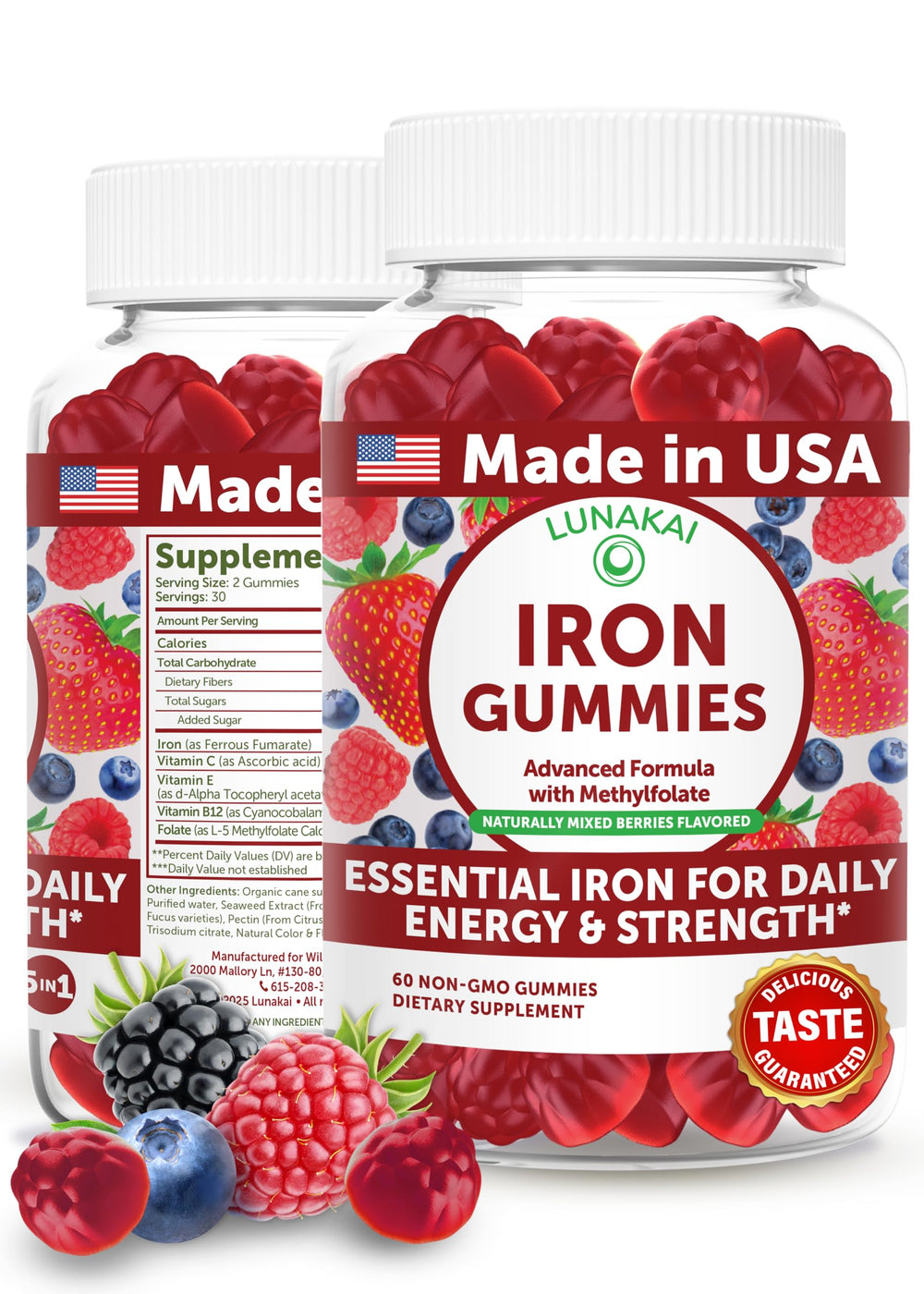 Lunakai vegan iron gummies berry bottle for daily easy iron support