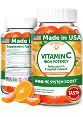 Lunakai Vitamin C Gummies bottle front shows USA-made quality for the family.