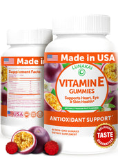 Lunakai Vitamin E gummies bottle front showing 60-count vegan formula for daily skin support.