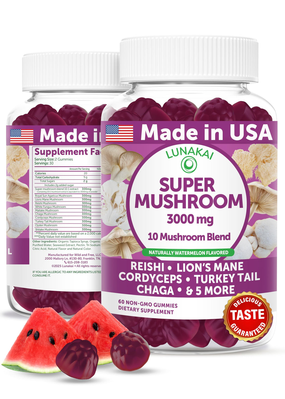 Lunakai watermelon-flavored gummies bottle for daily wellness with 10-mushroom blend.