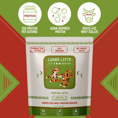 Lunar Lifts Matcha Latte whey isolate bottle emphasizing 26 g protein per serving
