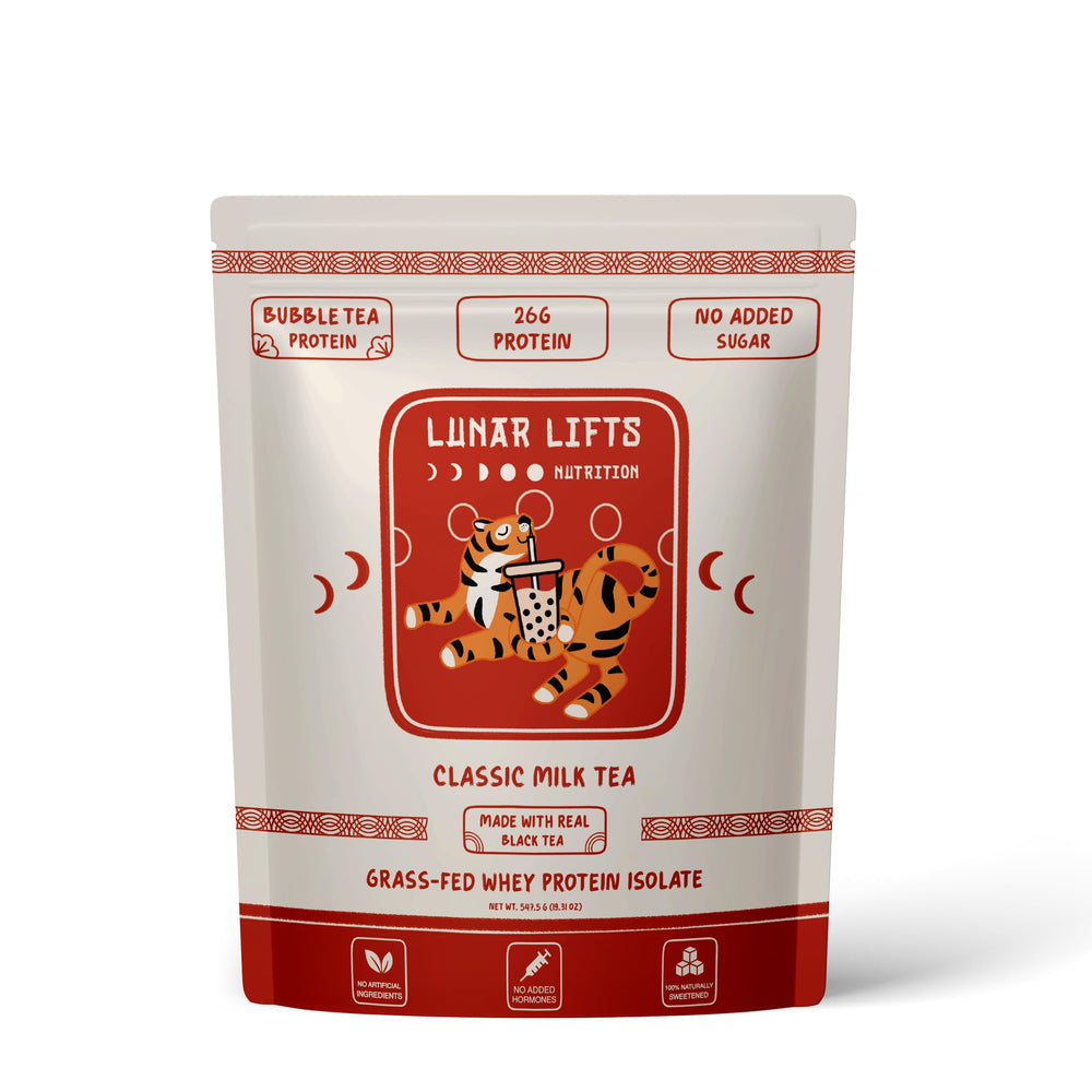 Lunar Lifts Nutrition classic milk tea boba powder for daily protein boost.