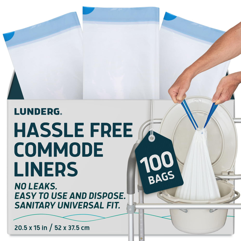 Lunderg Commode Liners value pack box showing organized 100 bags for easy access