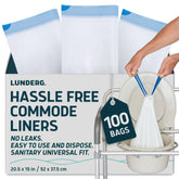 Lunderg Commode Liners value pack box showing organized 100 bags for easy access