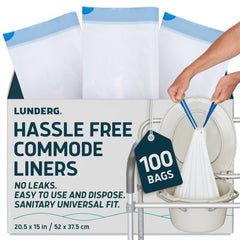 Lunderg Commode Liners value pack box showing organized 100 bags for easy access