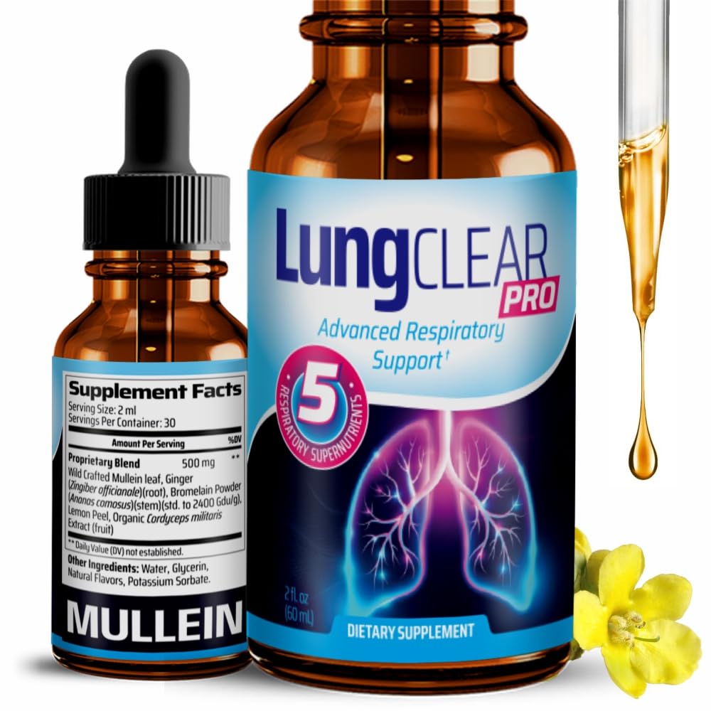 Lung Clear Pro bottle with dropper dispensing drops, highlighting mullein leaf extract for respiratory support.