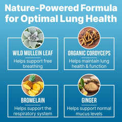 Mullein leaf, cordyceps, bromelain, ginger, and lemon peel ingredients shown for Lung Clear Pro.