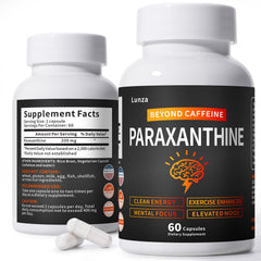 Lunza Paraxanthine bottle front for crisp focus and daytime energy.