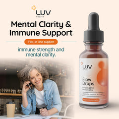 LUV health Flow Drops label showing adaptogenic mushroom blend