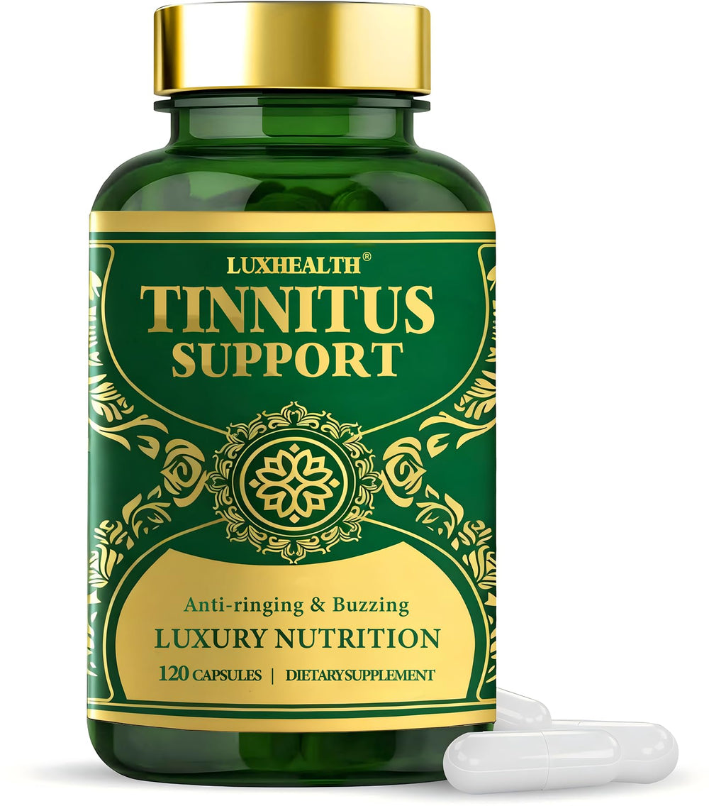 LuxHealth Tinnitus Relief bottle front promoting ear health support.