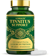 LuxHealth Tinnitus Relief bottle front promoting ear health support.
