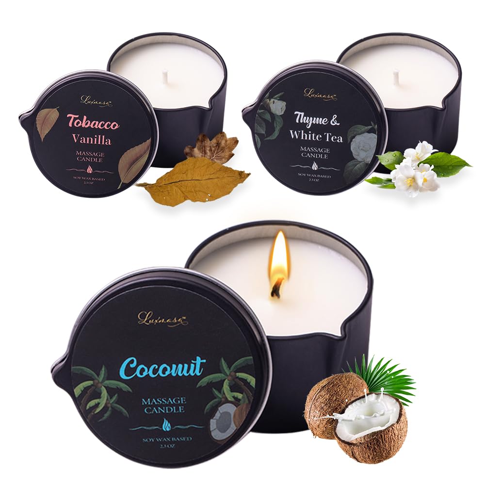 LUXMASA massage oil candle pack setup for an at‑home spa ritual