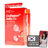 The m2 Super Collagen liquid bottle pour shows an easy daily skin hydration routine.
