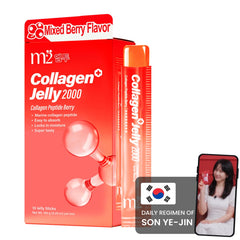 The m2 Super Collagen liquid bottle pour shows an easy daily skin hydration routine.