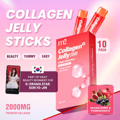 The m2 Super Collagen pouch packaging emphasizes portability for on-the-go use.