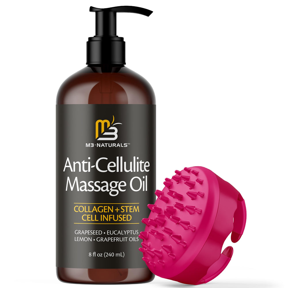 M3 Naturals anti cellulite oil bottle with silicone body brush for smoothing skin.