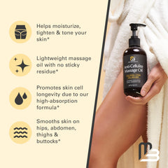 M3 Naturals firming oil applied to legs during a self-care routine