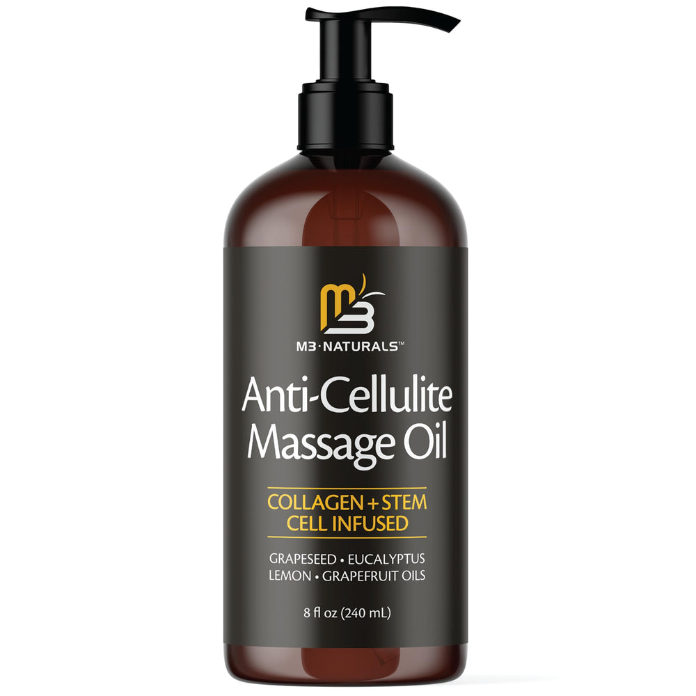 M3 Naturals Firming Oil bottle pour for smooth, hydrated skin.