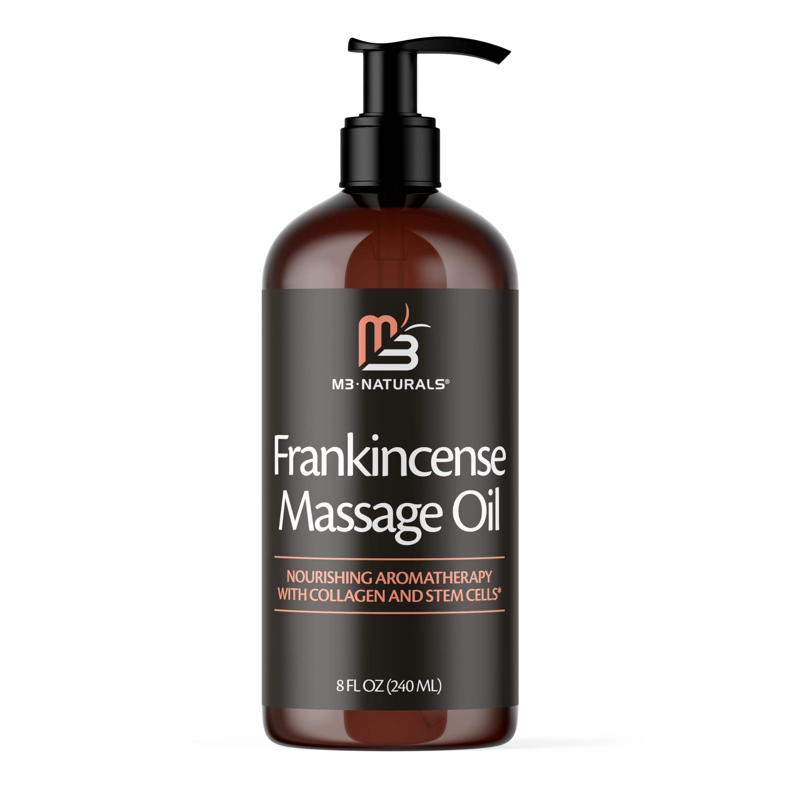 M3 Naturals Frankincense Massage Oil bottle ready for use, highlighting calming aroma and hydration