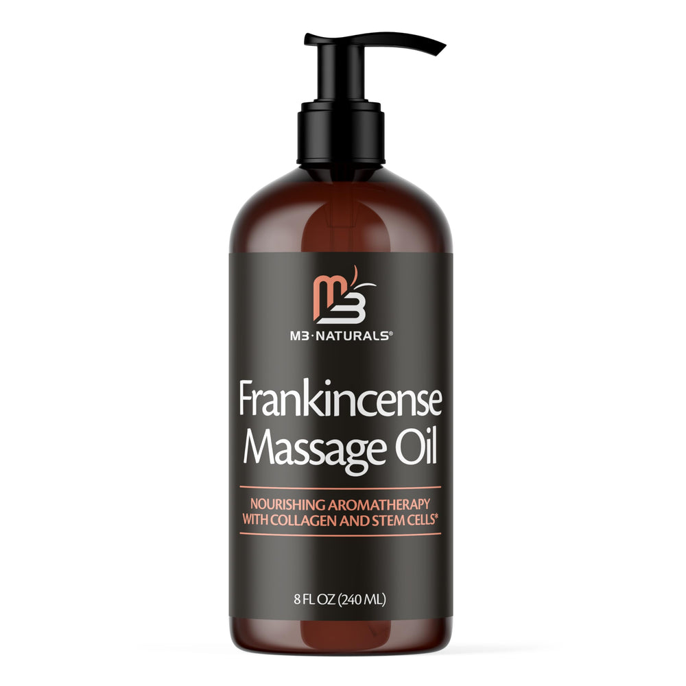 M3 Naturals Frankincense Massage Oil bottle ready for use, highlighting calming aroma and hydration