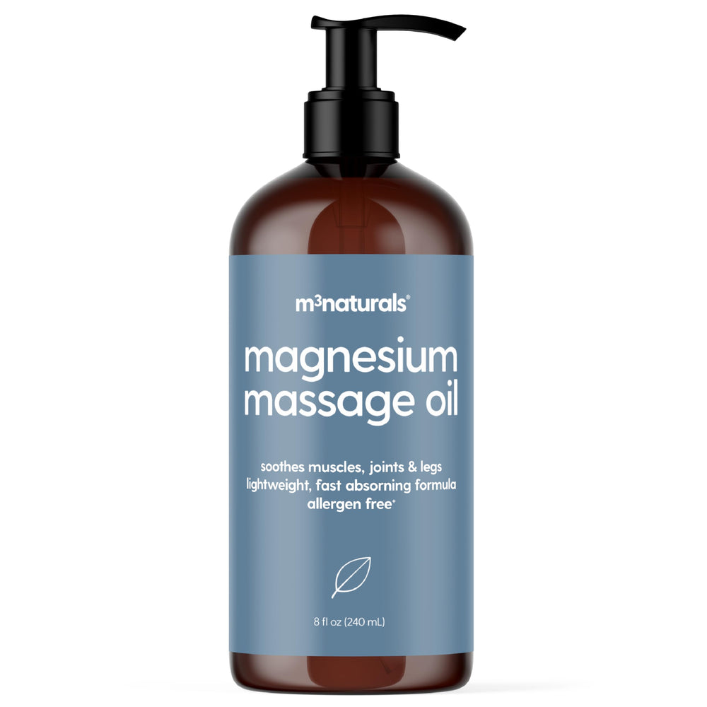 M3 Naturals Magnesium Massage Oil for sore muscles, easing tension after workouts.